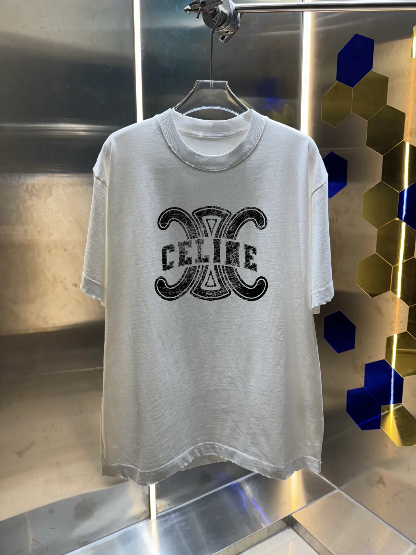 Celi*ne Celine Celin 2026 Spring and Summer Simple Letters Personalized Logo Customized Double Yarn Plain Cotton Fabric Short-sleeved T-shirt Men and Women Same Style Hangtag Collar Label Washed Mark Three Complete Labels Colors: Washed Black Washed White Washed Gray Washed Purple Sizes: S M L XL XXL